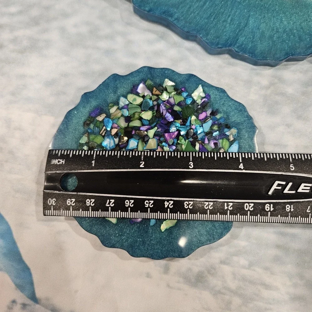 Handmade Teal Resin Coaster Set‎ Geode Style Iridescent Drink Coasters Set Of 5